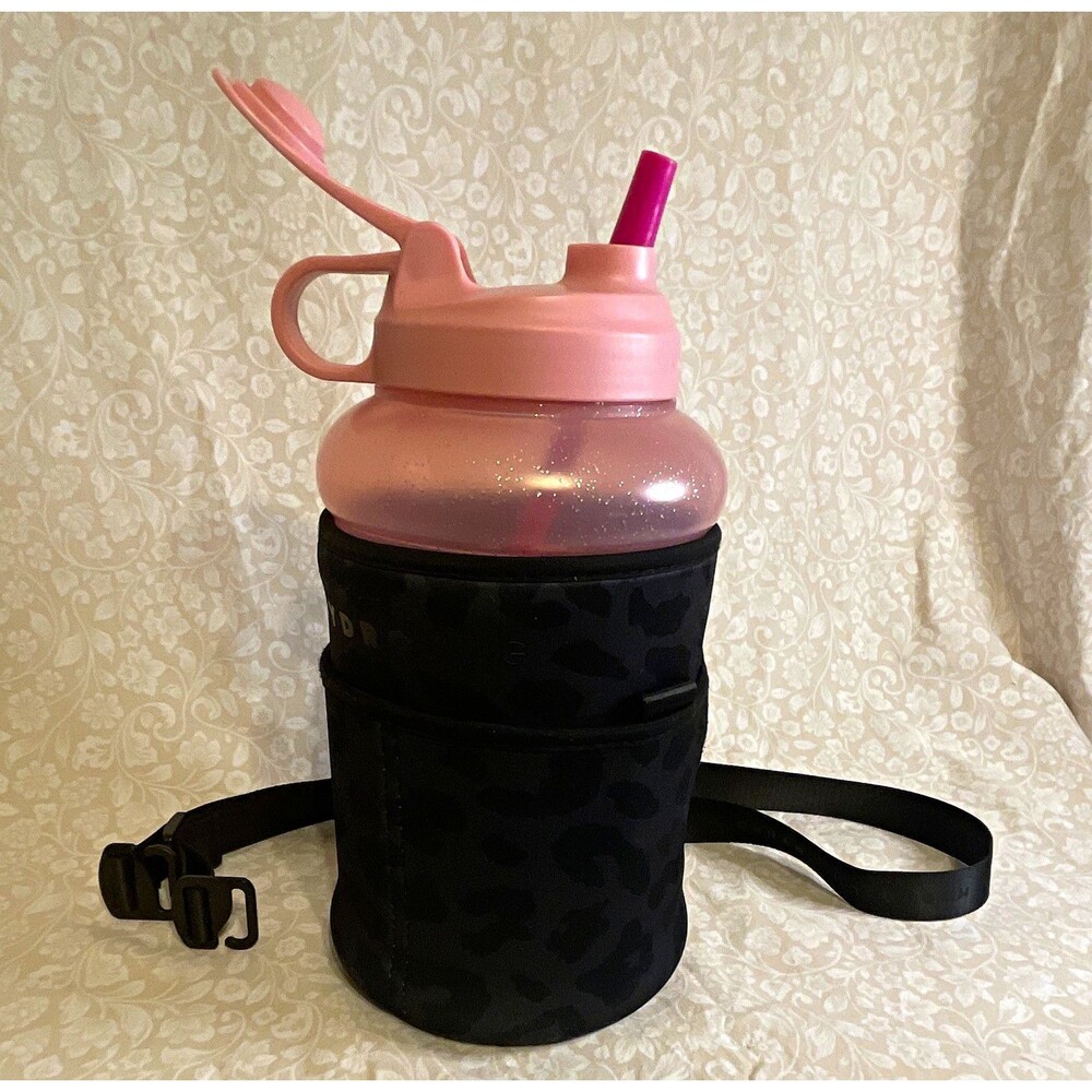 HydroJug 64 fl oz Pink Glittery Water Bottle Flip Straw Lid w/ Black Sling